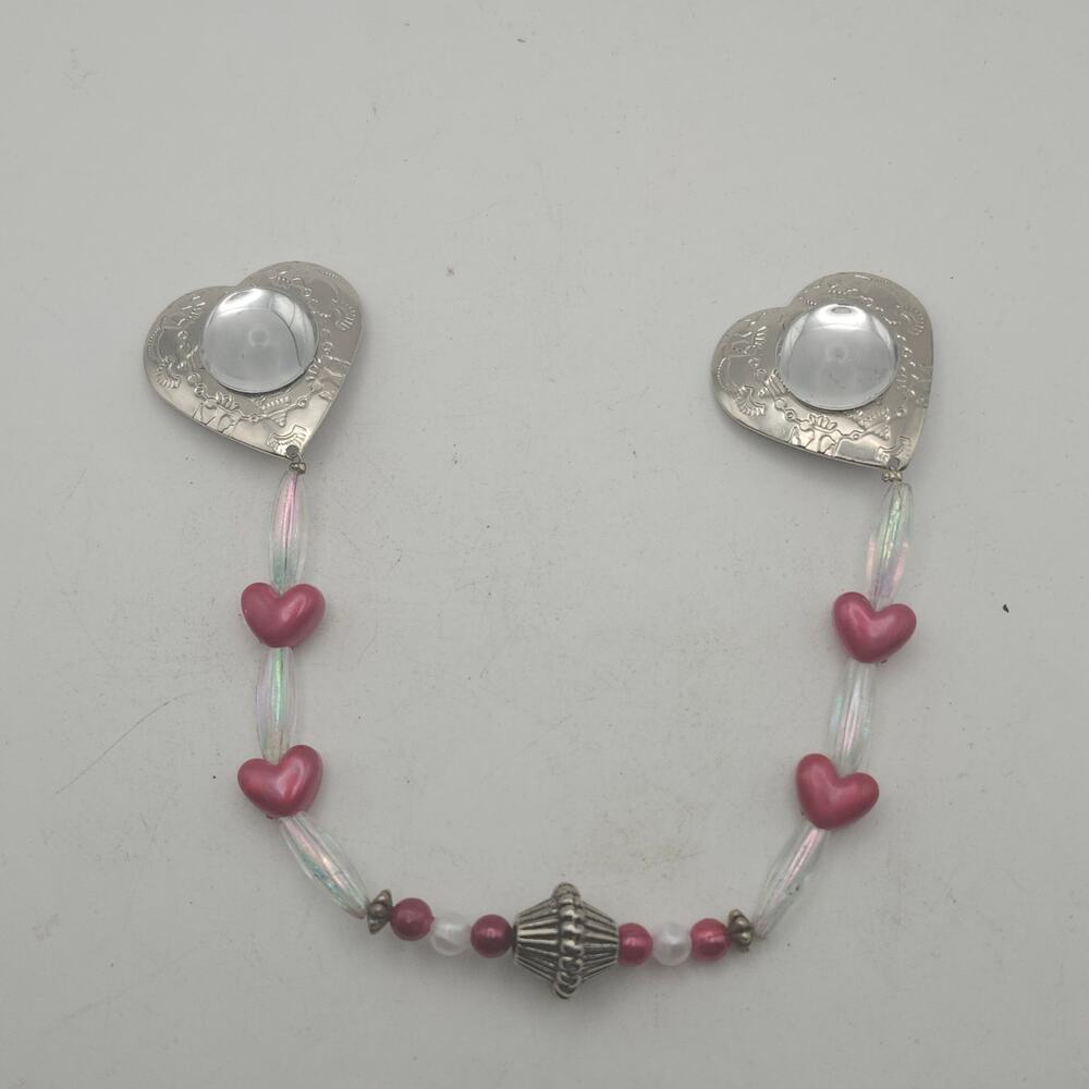 Vintage Y2K Sweater Clip Pink Heart Iridescent Beaded Silver Tone Cardigan Guard